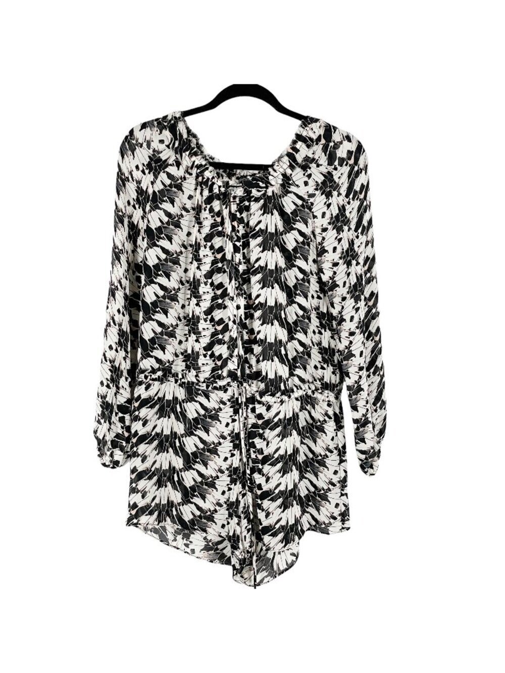 SALE LoveShackFancy Silk Romper Black White Print Long Sleeve Drawstring Waist 2